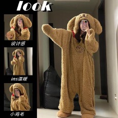 批发线条小狗连体睡衣女新款居家一体加绒加厚珊瑚绒睡袍可外穿