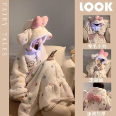 批发彩色波点珊瑚绒保暖睡衣女冬季新款蝴蝶结中<b class='q'>长款</b>睡袍可爱家居服