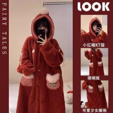 批发<b class='q'>珊瑚</b><b class='q'>绒</b>睡袍女款秋冬季加厚加<b class='q'>绒</b>法兰<b class='q'>绒</b>可爱猫咪连帽浴袍家居服<b class='q'>睡衣</b>