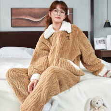 睡衣冬款女士珊瑚绒加厚加绒拉链学生可爱秋冬季法兰绒家居服套装