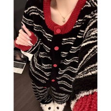 半边绒条纹睡衣女加厚套装高级感法兰绒家居服冬季可外穿