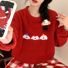 2025秋冬加厚毛绒睡衣女红色可爱小狗刺绣红白格纹软萌保暖家居服