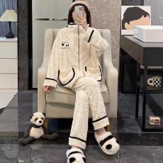 秋冬款珊瑚绒熊猫睡衣家居服女小香风拉链开衫加厚保暖两件套装女