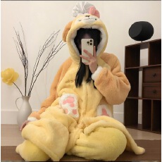 厨师狗卡通睡衣女秋冬季珊瑚绒加厚加绒长款睡袍少女家居服两套装