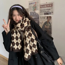 批发红色围巾秋冬季韩版百搭护颈加厚格子保暖毛线针织围脖