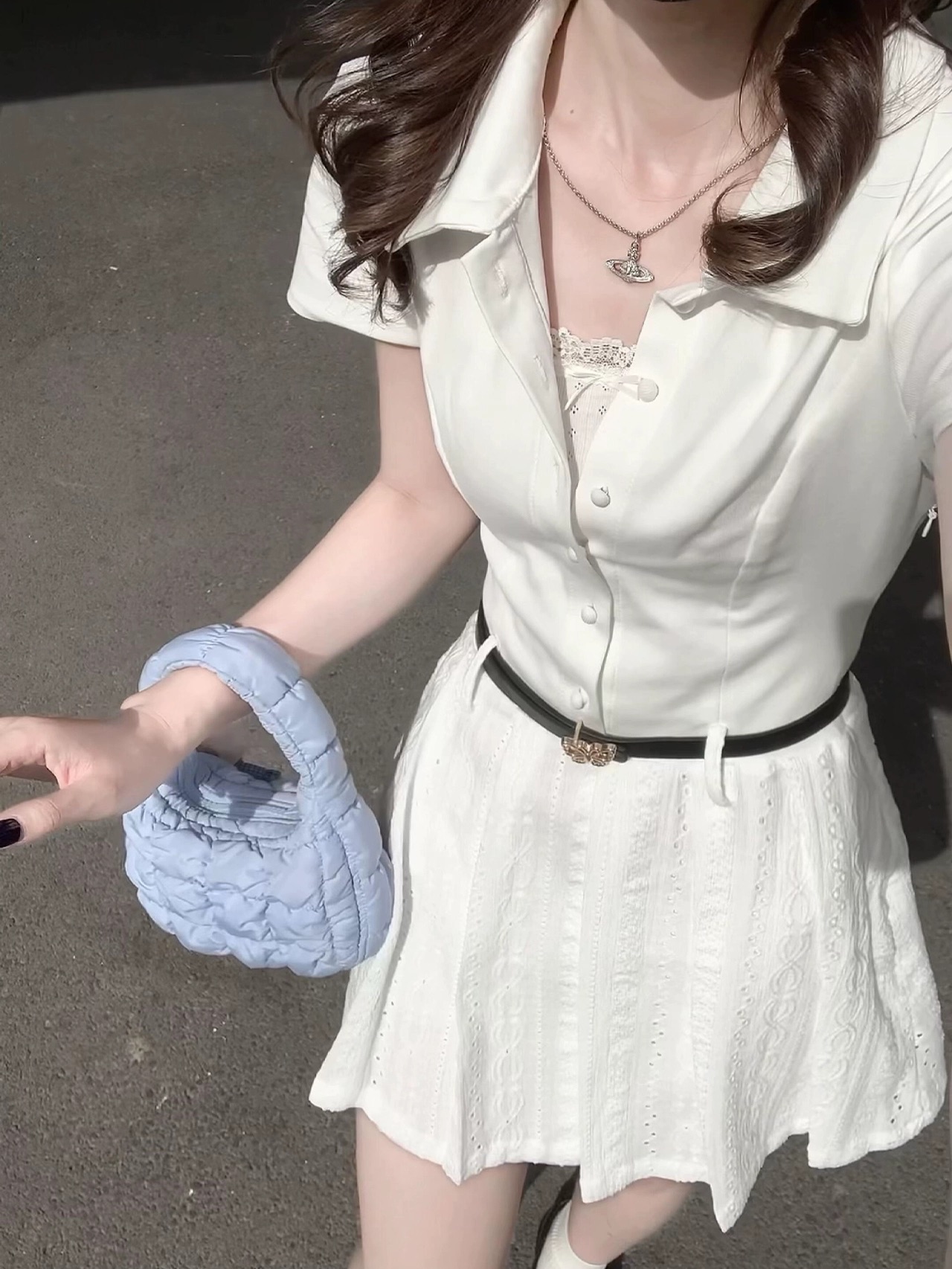 法式学院风白色衬衫连衣裙女夏日...
