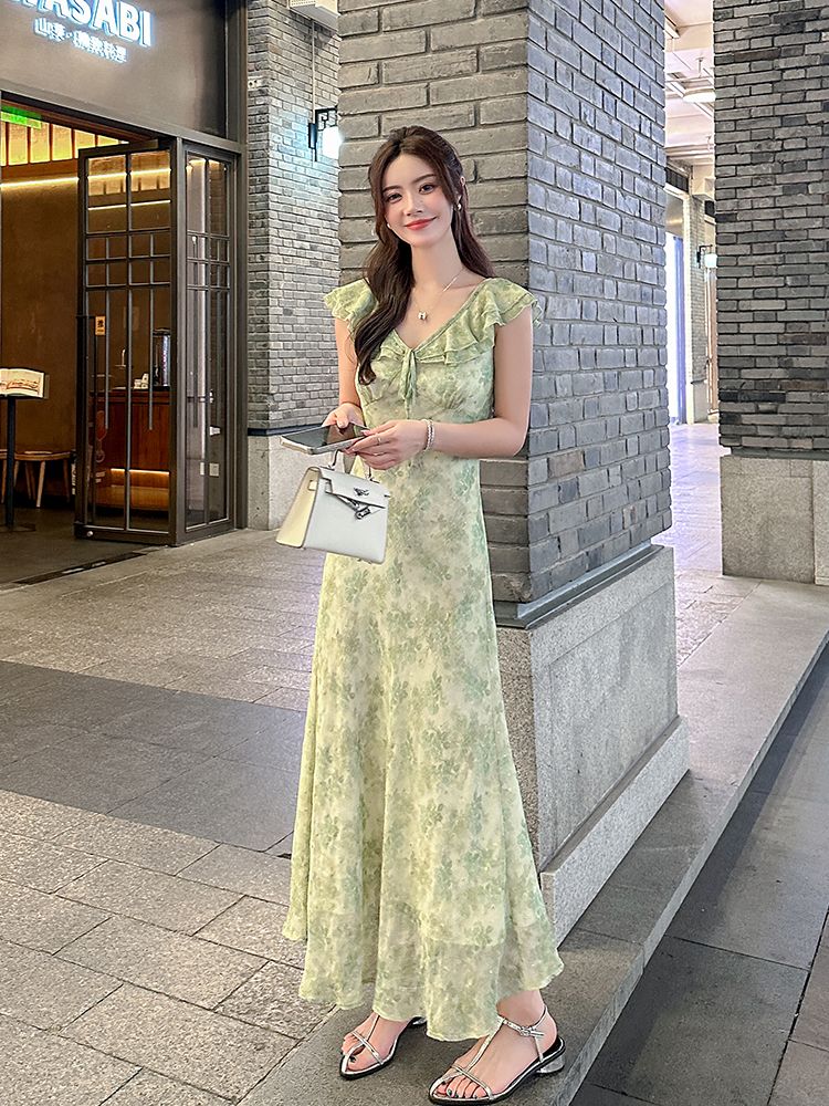 MY11970# 清新优雅绿色碎花气质连衣裙女法式温柔风小飞袖收腰显瘦甜美裙子女裝貨源服裝批發