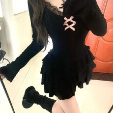 批发韩系黑色蕾丝<b class='q'>蝴蝶结</b><b class='q'>连衣裙</b>子女早秋季2025年新款气质修身a字短裙