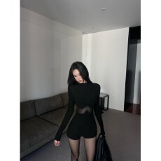 批发美式辣妹黑色长袖连衣裤<b class='q'>女</b>秋季网纱拼接休闲裤子修身高腰连体短裤