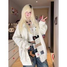 批发美式童趣风猫爪毛巾刺绣<b class='q'>夹克</b>男春秋季2025新款翻领外套女