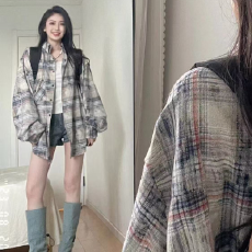 批发2025秋冬美式复古<b class='q'>格子</b><b class='q'>衬衫女</b>宽松百搭休闲开衫长袖翻领衬衣外套潮