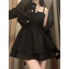 批发气质小香风甜美气质流苏设计感短外套+吊带<b class='q'>蓬蓬</b>裙连衣裙名媛套装