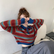 批发美式复古条纹拉链polo领毛衣慵懒风针织衫宽松<b class='q'>短</b>款长袖上衣女秋季