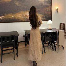 批发法式喇叭袖针织长裙收腰包臀鱼尾裙蕾丝v领<b class='q'>连衣裙</b>