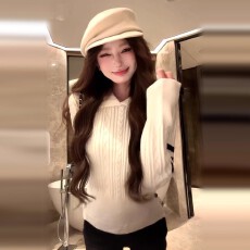 批发法式白色翻领长袖毛衣女秋季设计感小众修身显瘦短款套头针织<b class='q'>上衣</b>