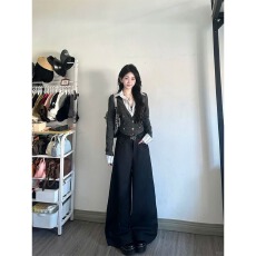 批发美式复古条纹假两件长袖t恤女秋季新款短款收腰显瘦<b class='q'>上衣</b>