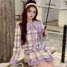 批发2025<b class='q'>新款</b>秋冬外套气质时尚香风长袖两件套小众<b class='q'>短裙</b>加厚套装