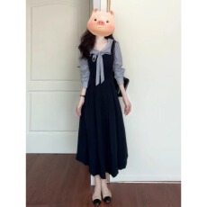 批发法式可爱假两件早秋季2025新款蓝色长袖连衣裙子女小众学院风长裙
