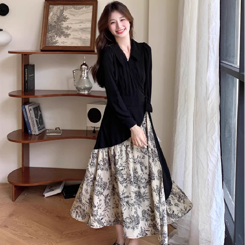 MY14539# 水墨碎花拼接连衣裙韩系氛围感气质收腰不规则裙女裝貨源服裝批發