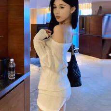 批发法式气质套装女秋冬慵懒风麻花纹理斜肩长袖毛衣针织<b class='q'>短裤</b>两件套