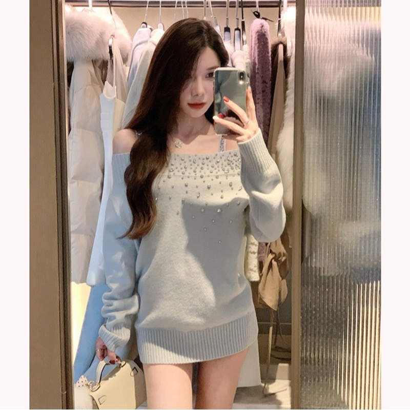 MY14522# 法式一字肩重工钉珠针织衫女秋冬新款设计感小众宽松显瘦毛衣上衣女裝貨源服裝批發