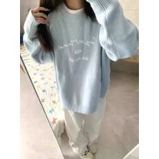 蓝色甜美慵懒chic针织毛衣女2025秋圆领韩系设计感小众打底衫上衣
