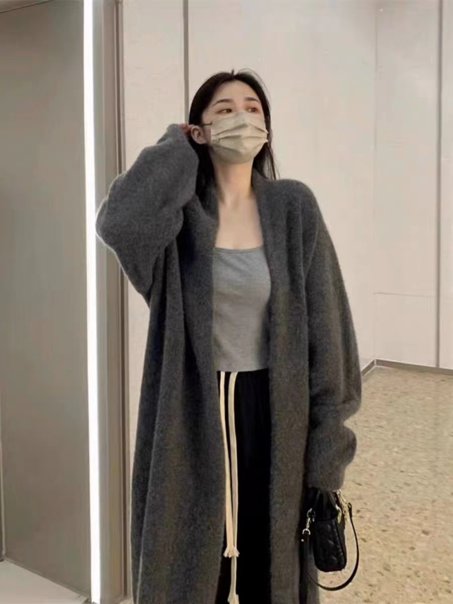 MY14518# 中长款过膝毛衣外套女秋冬季慵懒风加厚百搭针织衫开衫大衣女...