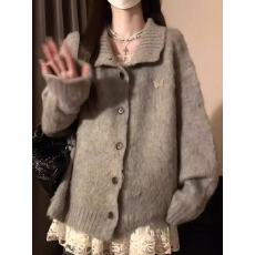 批发韩系慵懒风灰色翻领针织开衫<b class='q'>外套</b>2025秋冬新款高级感上衣毛衣女装