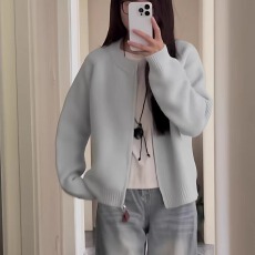 批发韩系简约百搭<b class='q'>圆领</b>拉链毛衣<b class='q'>开衫</b>女复古宽松高级感纯色<b class='q'>针织</b>外套上衣
