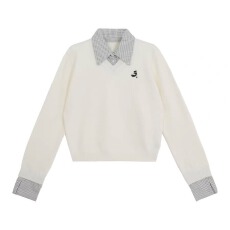 批发秋冬新款韩版<b class='q'>西装</b>领宽松显瘦翻领拼色针织套头女毛衣内搭假两件