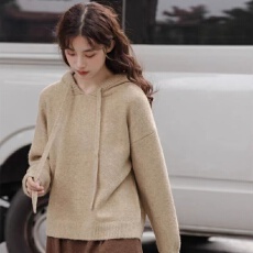 批发灰色连帽套头毛衣针织衫女<b class='q'>秋季</b>小个子宽松慵懒风针织卫衣外套秋冬