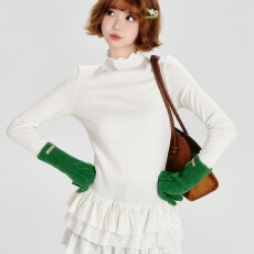 批发半高领长袖t恤女秋冬新款多层花边叠穿修身内搭打底衫