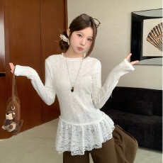 批发纯欲风蕾丝花边拼接木耳边打底衫女内搭秋冬新款修身长袖