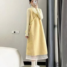 批发设计感时尚黄色宽松显瘦拼接背心<b class='q'>连衣裙</b>女秋季内搭长袖上衣两件套