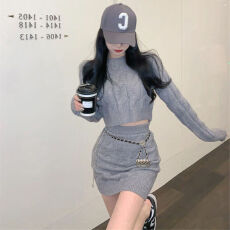 批发秋冬网红同款针织毛衣套装女修身加厚长袖麻花高腰包臀短裙两件套