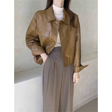 批发韩国chic秋季小众帅气翻领单排扣宽松休闲长袖机车服皮衣短<b class='q'>外套</b>女