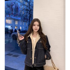 批发韩系chic翻领牛仔短外套女冬季复古羊羔毛加厚高级感机车夹克上衣