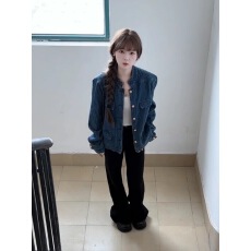 批发高级感气质小香风<b class='q'>牛仔</b>外套女秋季短款小众设计感立领蓝色夹克上衣