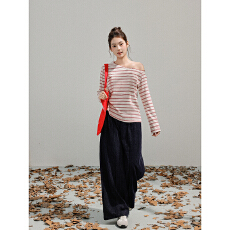 批发原版新宿双纱斜肩条纹休闲<b class='q'>T</b><b class='q'>恤</b>女2025秋季长袖宽松慵懒风上衣