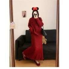 批发巨好看的圆领长袖针织裙女秋冬季新款加厚宽松蝴蝶结拼接<b class='q'>连衣裙</b>子