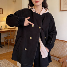 批发2025年新款两件连帽毛呢外套大码秋冬mm气质显瘦开衫呢子大衣大衣