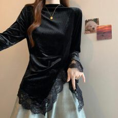 批发不规则金丝绒打底衫女秋冬大码微<b class='q'>胖</b>mm<b class='q'>内</b>搭半高领蕾丝修身显瘦上衣