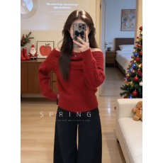 安可拉红氛围感红色毛衣女冬季圣诞复古辣妹新年一字肩针织衫上衣