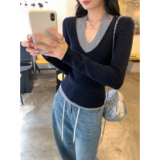 批发假两件挂脖长袖针织打底衫女2026新款高级感麻花V领