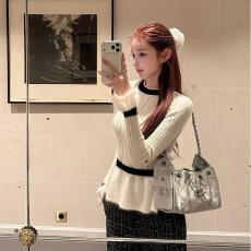 批发撞色收腰小香针织衫2026春秋显瘦气质修身时尚设计感上衣女