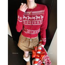 批发圣诞红色费尔岛针织开衫女冬季法式复古修身显瘦菱格短款毛衣