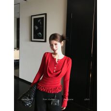 批发智性分子 复古荡领撞色纽扣假两件修身长袖<b class='q'>针织</b>T恤