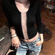 设计感链条T恤女秋冬八分袖修身辣妹风小众短上衣