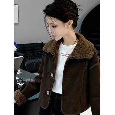 2025新款上新女装咖色翻领皮毛一体加绒加厚短款羊羔毛外套女冬季
