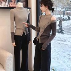 批发半高领不规则露肩长袖t恤女早秋<b class='q'>轻熟</b>小众不撞款春秋季上衣女